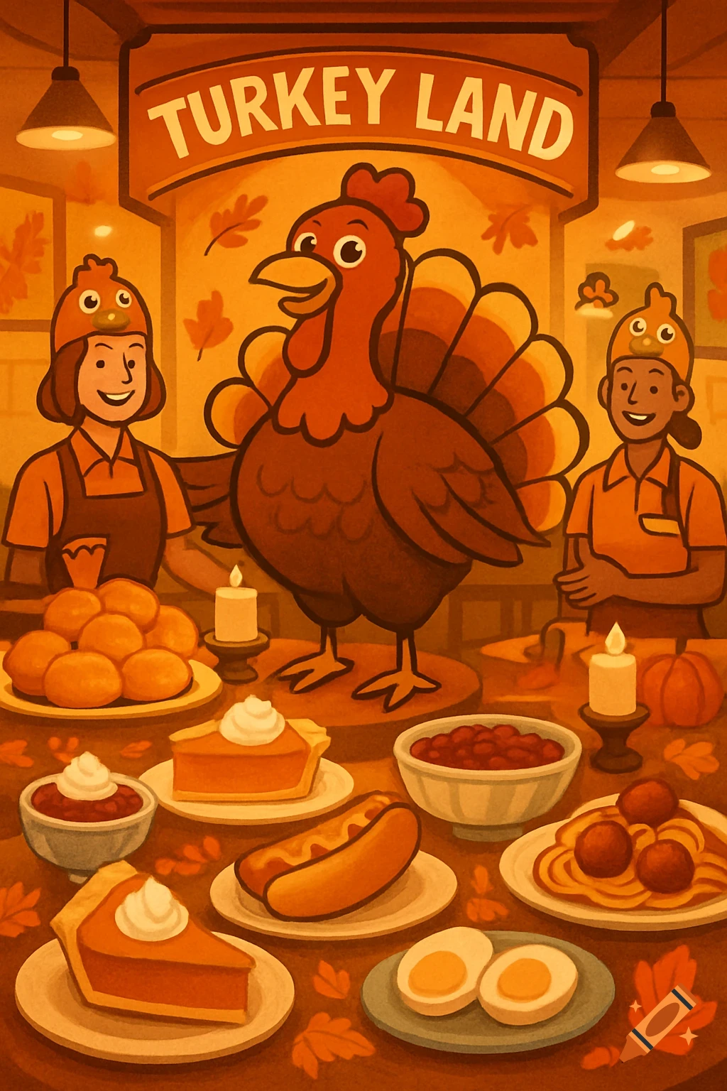 A stylized illustration of a Thanksgiving restaurant called "Turkey Land," with a large cartoon turkey, two employees in turkey hats, and a table filled with rolls, pumpkin pies, cranberry sauce, hot dogs, boiled eggs, and spaghetti and meatballs.