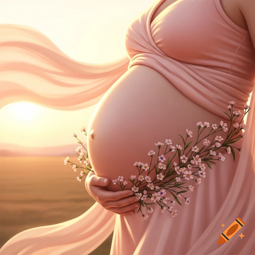 A pregnant woman's belly, adorned with delicate white flowers, is gently held by a hand at sunset in a field. Soft, warm lighting.