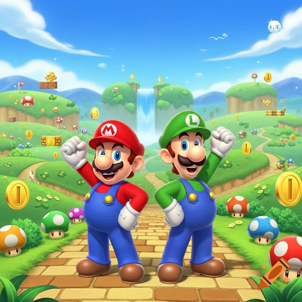 Mario and Luigi stand proudly in a vibrant Super Mario Bros. landscape with coins, mushrooms, and a waterfall.