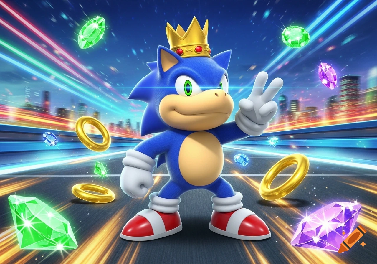 A blue hedgehog character with a crown and a large snout makes a peace sign, surrounded by golden rings and colorful gems on a fast-moving road.
