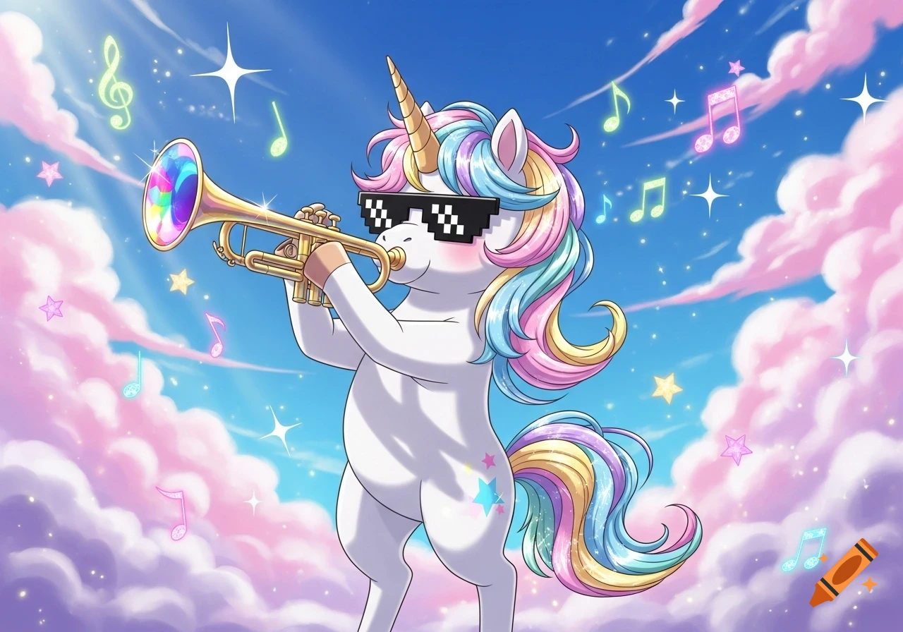 A cute anime unicorn wearing pixelated sunglasses plays a trumpet in a sky filled with pink clouds, stars, and musical notes.