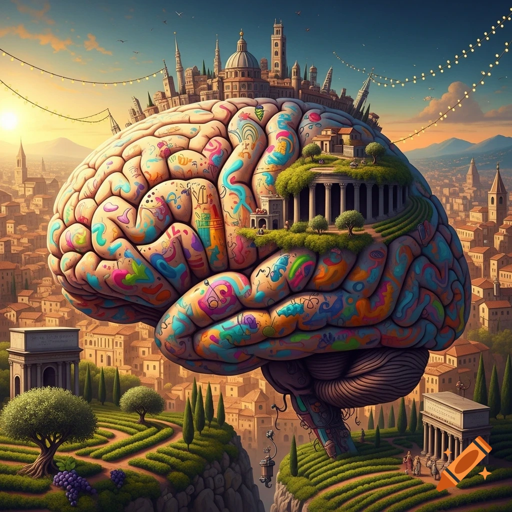 A massive, colorful brain with an Italian city and landscape built upon it, overlooking a valley at sunset.