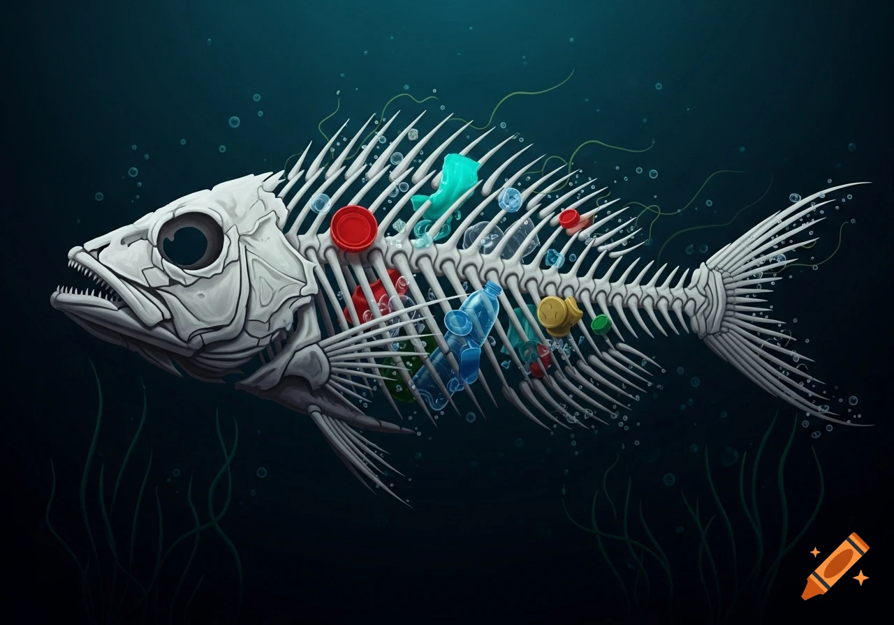 Illustrated fish skeleton filled with colorful plastic bottles and caps, submerged in dark water with bubbles.