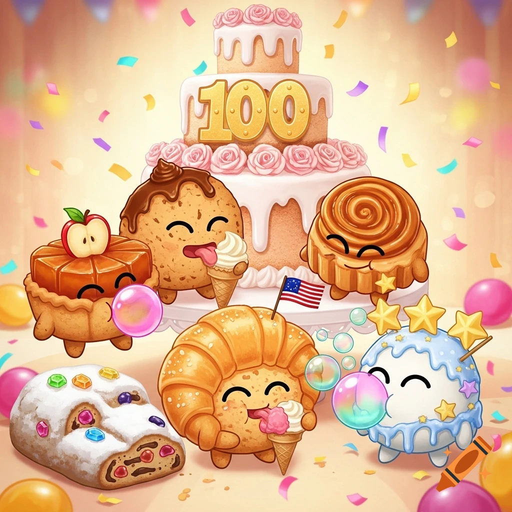 Colorful cartoon dessert characters, including cookies and pastries, celebrate around a tiered cake with the number 100 on it, amidst confetti and balloons. Some characters are eating ice cream, and others are blowing bubbles.