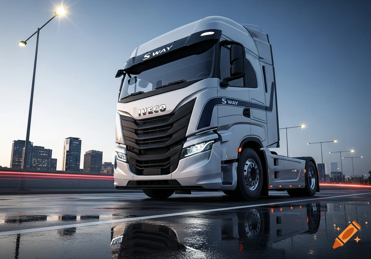Photorealistic white Iveco S-Way semi-truck on a wet city road at dusk, with buildings and streetlights.