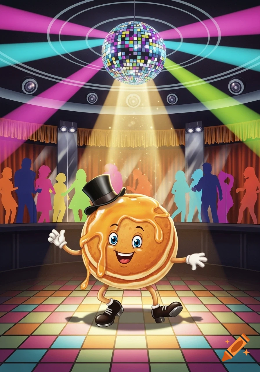 A happy cartoon pancake wearing a top hat and shoes dances on a colorful disco floor under a disco ball, surrounded by silhouetted dancers.