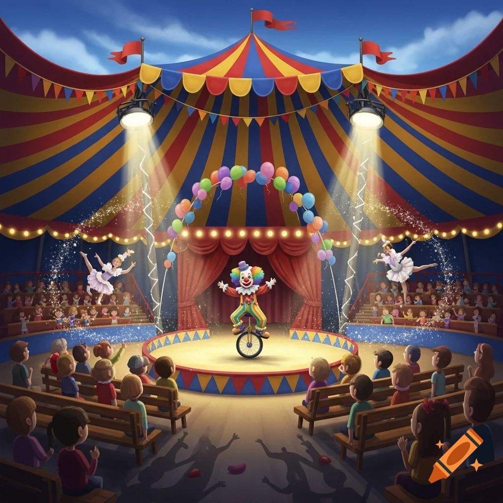 A colorful illustration inside a circus tent, featuring a clown on a unicycle, two ballerinas, and an audience of children.