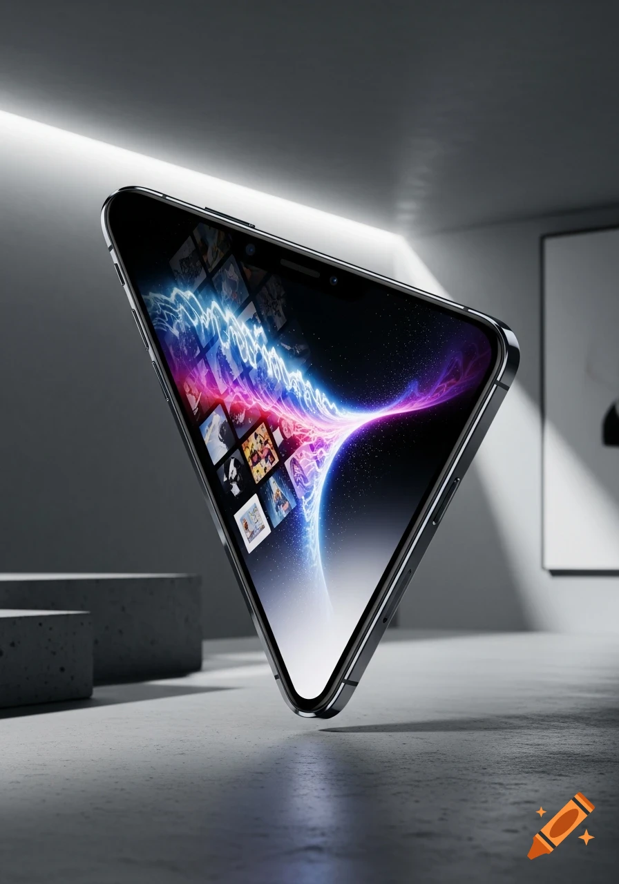 A sleek, dark iPhone stands on a concrete surface, displaying a vibrant ...