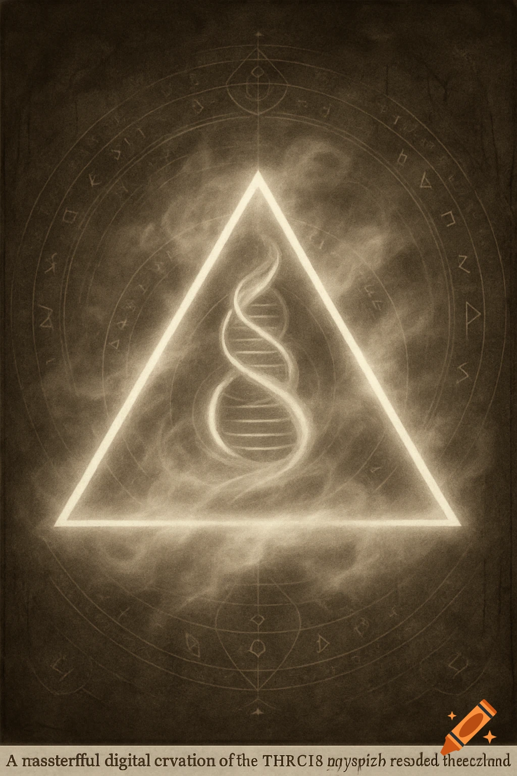 An ancient-looking, sepia-toned image featuring a luminous triangle with a swirling DNA-like spiral inside, surrounded by mystical runes and a veil of mist.
