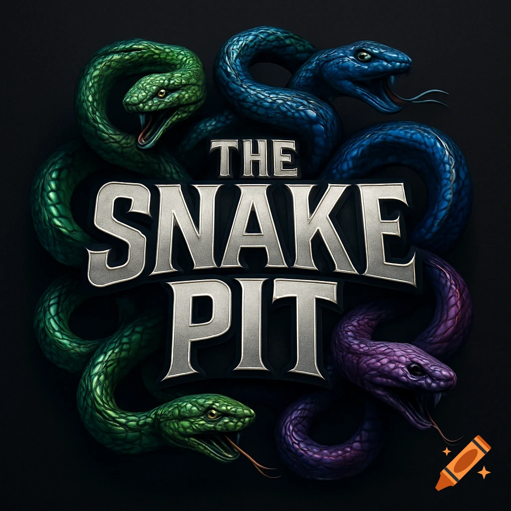 A bold, metallic 'THE SNAKE PIT' logo surrounded by intertwined green, blue, and purple snakes on a dark background.