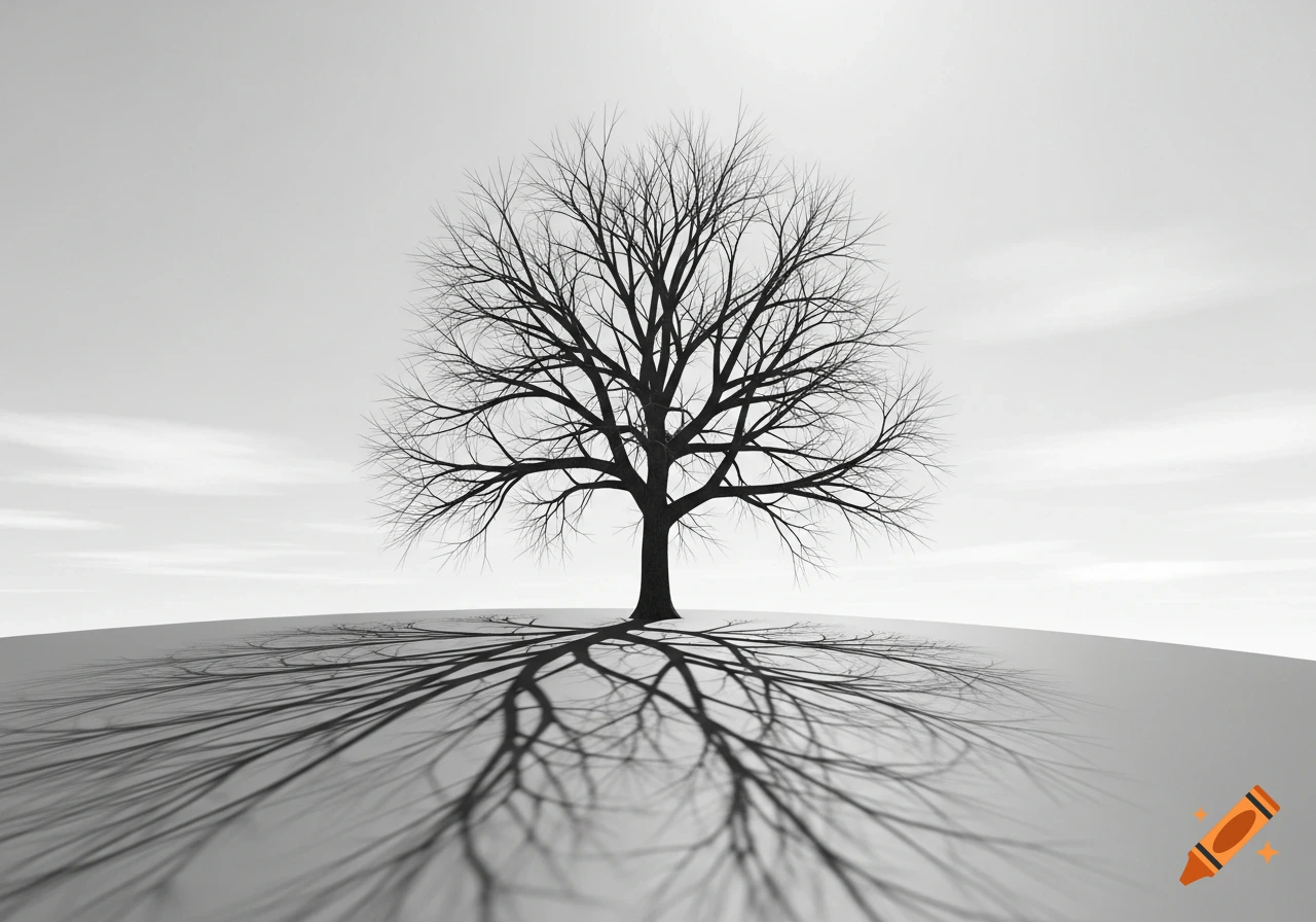 A stark, black and white minimalist illustration of a bare tree with an intricate root shadow on a flat gray plane.