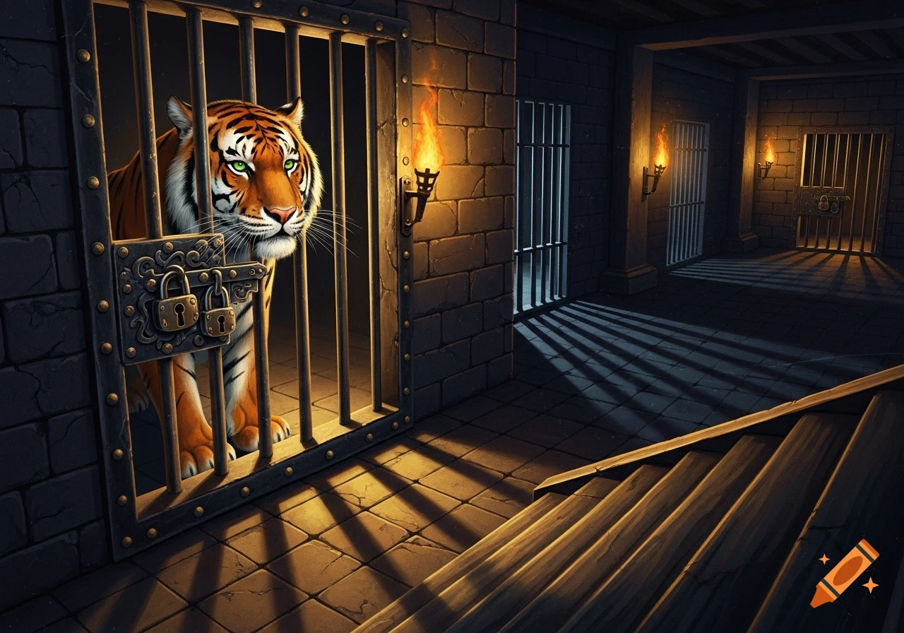 A green-eyed tiger behind ornate bars in a torch-lit dungeon cell, with stone steps, other cells, in a dramatic retro-technicolor style.