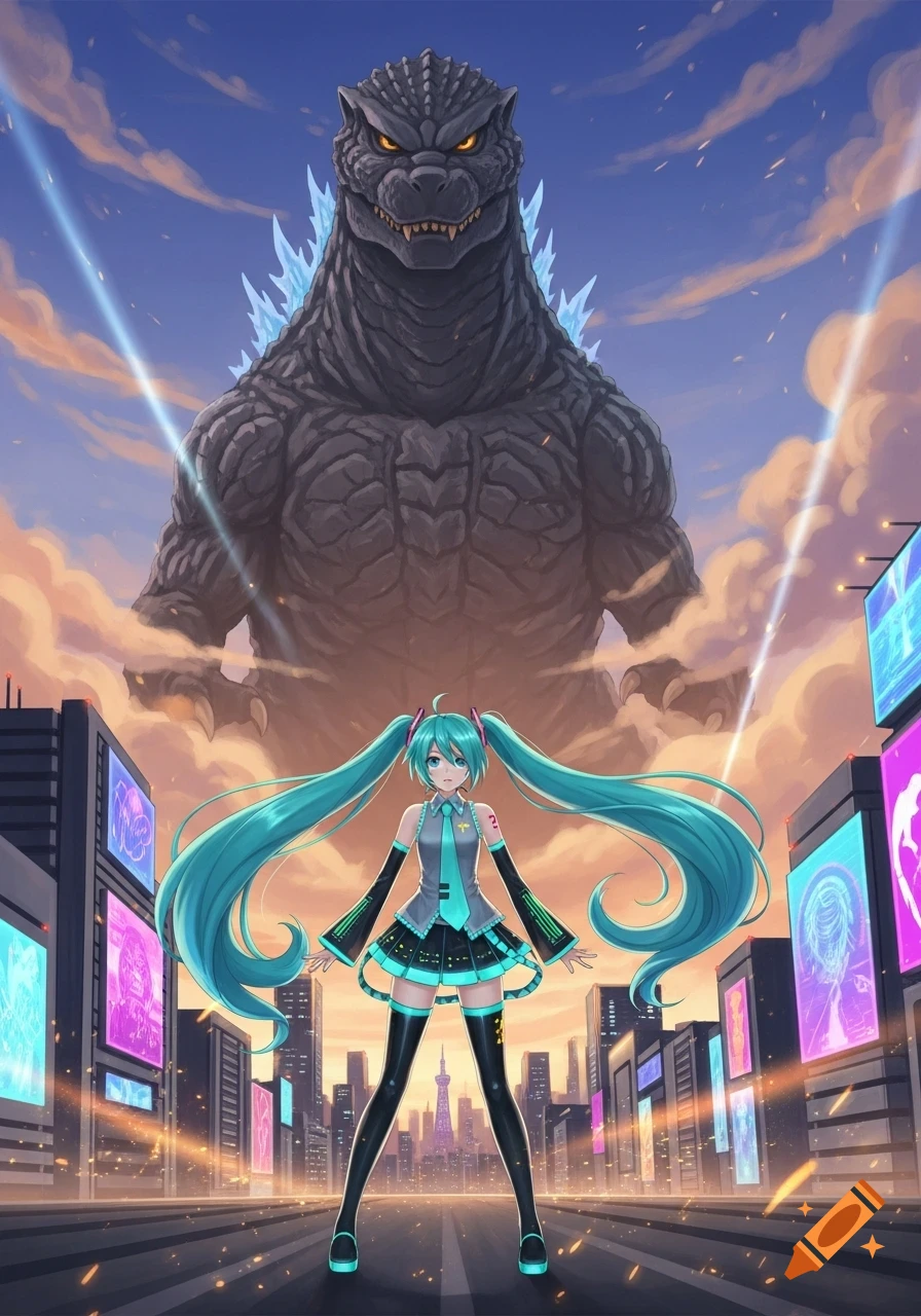 An anime-style image of Hatsune Miku standing in a futuristic city street, looking towards the viewer, with a towering Godzilla in the background under an orange sky.
