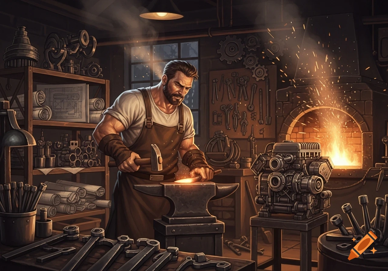 A muscular blacksmith hammers glowing metal on an anvil in a detailed, dimly lit forge. A furnace, tools, and an engine are visible.