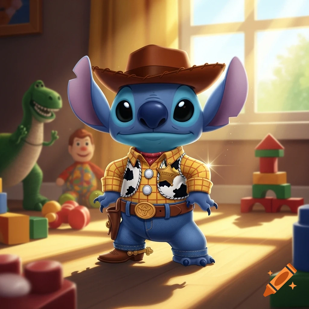 Stitch dressed as Woody from Toy Story, wearing a cowboy hat, checkered shirt, and jeans, standing in a sunny toy room.