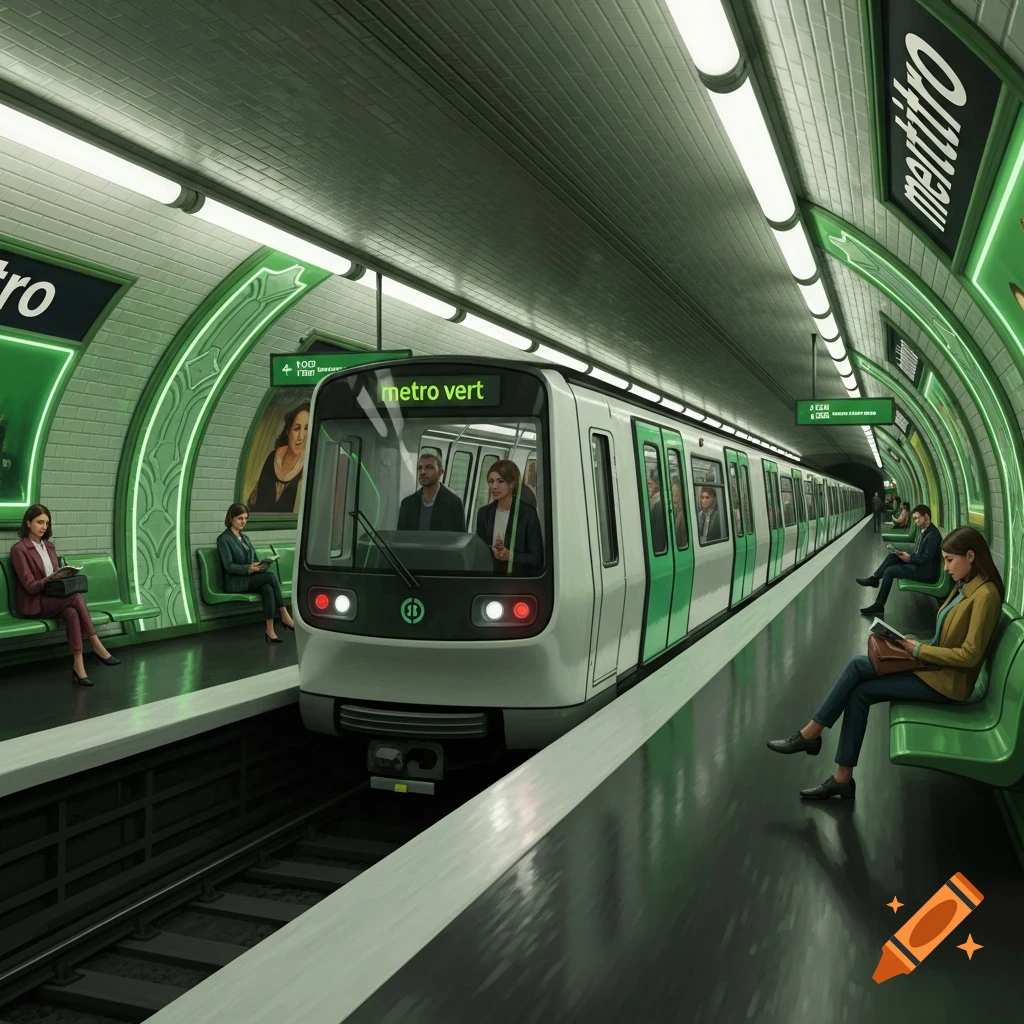 A stylized green-themed metro station with a train pulling in, passengers waiting and sitting on green benches. Signs read 'metro vert' and other garbled text.