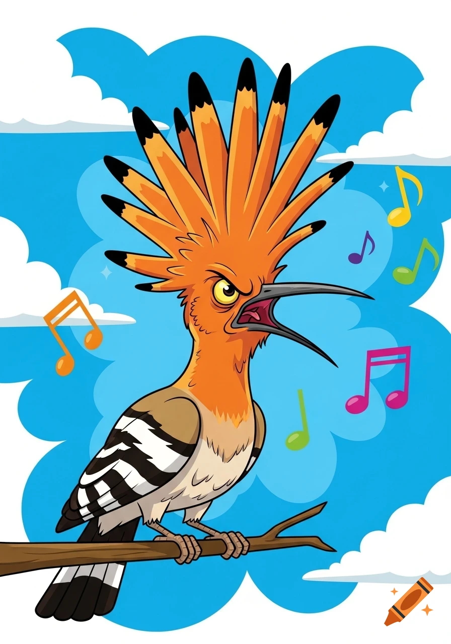 A vibrant cartoon hoopoe bird with an angry expression perches on a branch, surrounded by colorful musical notes against a blue sky.