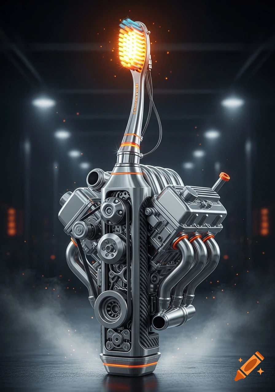 Photorealistic render of a futuristic toothbrush with glowing bristles fused with a V8 engine, in a dark, smoky setting.
