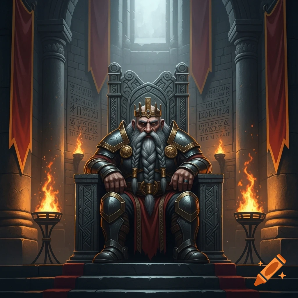 A brooding dwarf king with a braided beard and crown sits on a stone throne in a castle, flanked by torchlight.