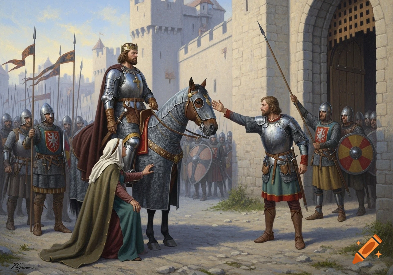 Oil painting of a king on horseback in armor, a woman kneeling by his leg, and a soldier pleading, before castle gates with an army.