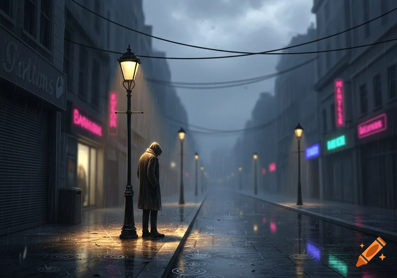A lone figure stands under a streetlamp on a rainy city street at night, illuminated by neon signs and reflections on the wet pavement.