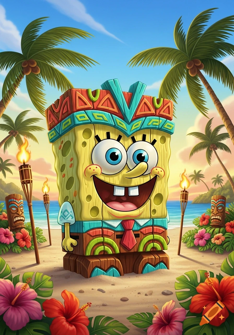 A Spongebob Squarepants tiki statue with a big smile, surrounded by palm trees, tiki torches, and hibiscus flowers on a tropical beach.