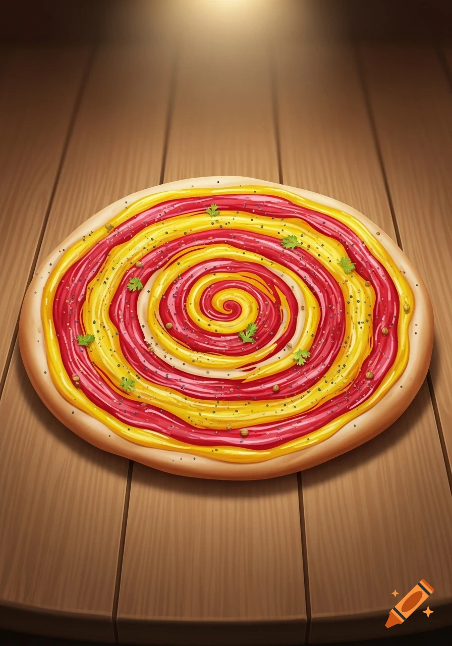 A stylized, oval-shaped flatbread (like naan) is covered in concentric swirls of red and yellow sauce, topped with small green herbs and dark specks, sitting on a wooden table.
