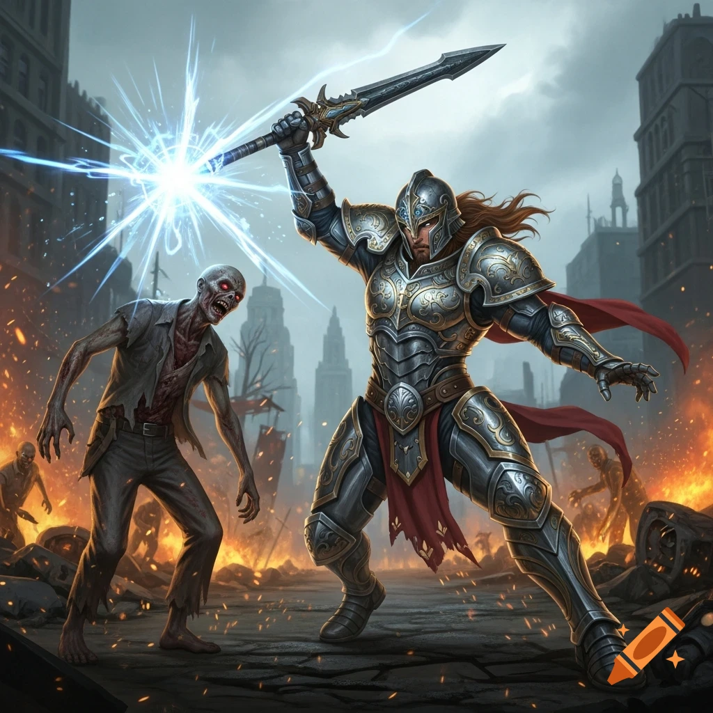 A knight in ornate armor raises a glowing sword to strike a zombie in a ruined, burning city, digital fantasy art.
