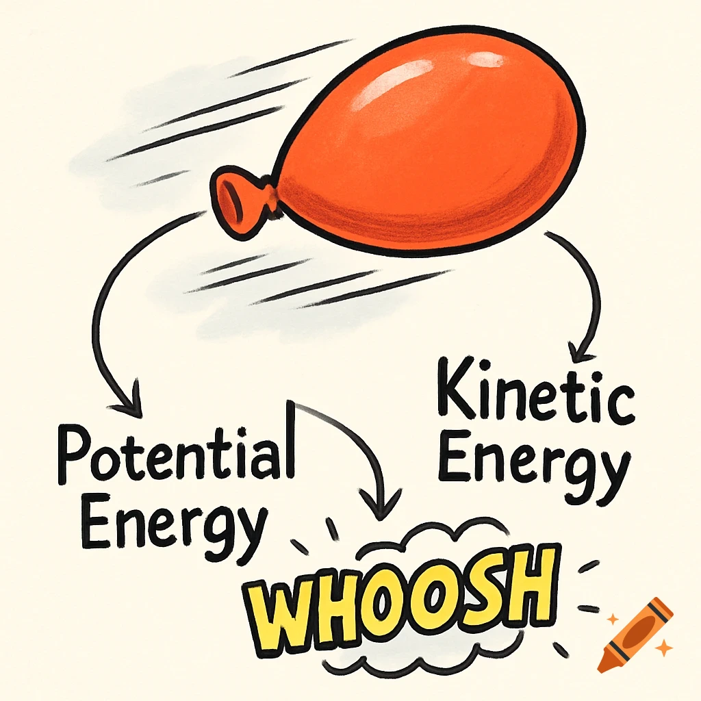 Cartoon illustration of an orange balloon flying, with arrows depicting potential and kinetic energy, and a 'WHOOSH' sound effect.