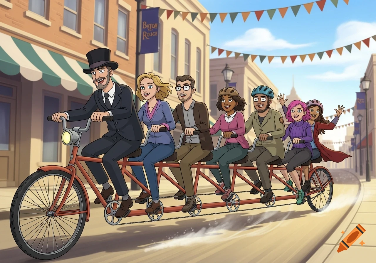 Seven diverse people happily ride a long red tandem bicycle down a sunny city street decorated with bunting in a cartoon style.