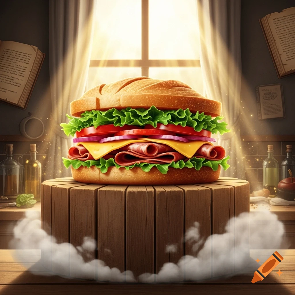 A vibrant, delicious-looking sandwich with lettuce, tomato, cheese, onion, and meat on a wooden block in a sunlit kitchen.