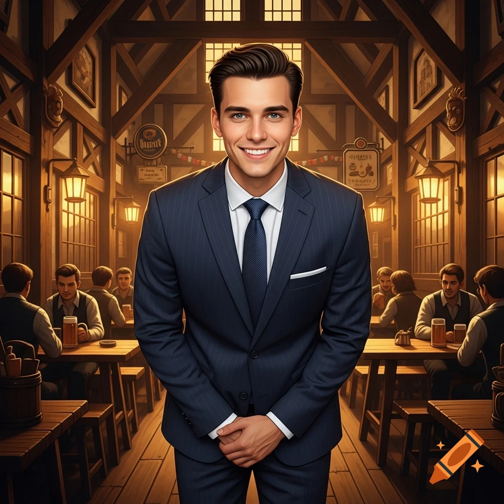 A smiling young man in a dark pinstripe suit bows slightly in a rustic, warm-lit tavern with patrons in the background.