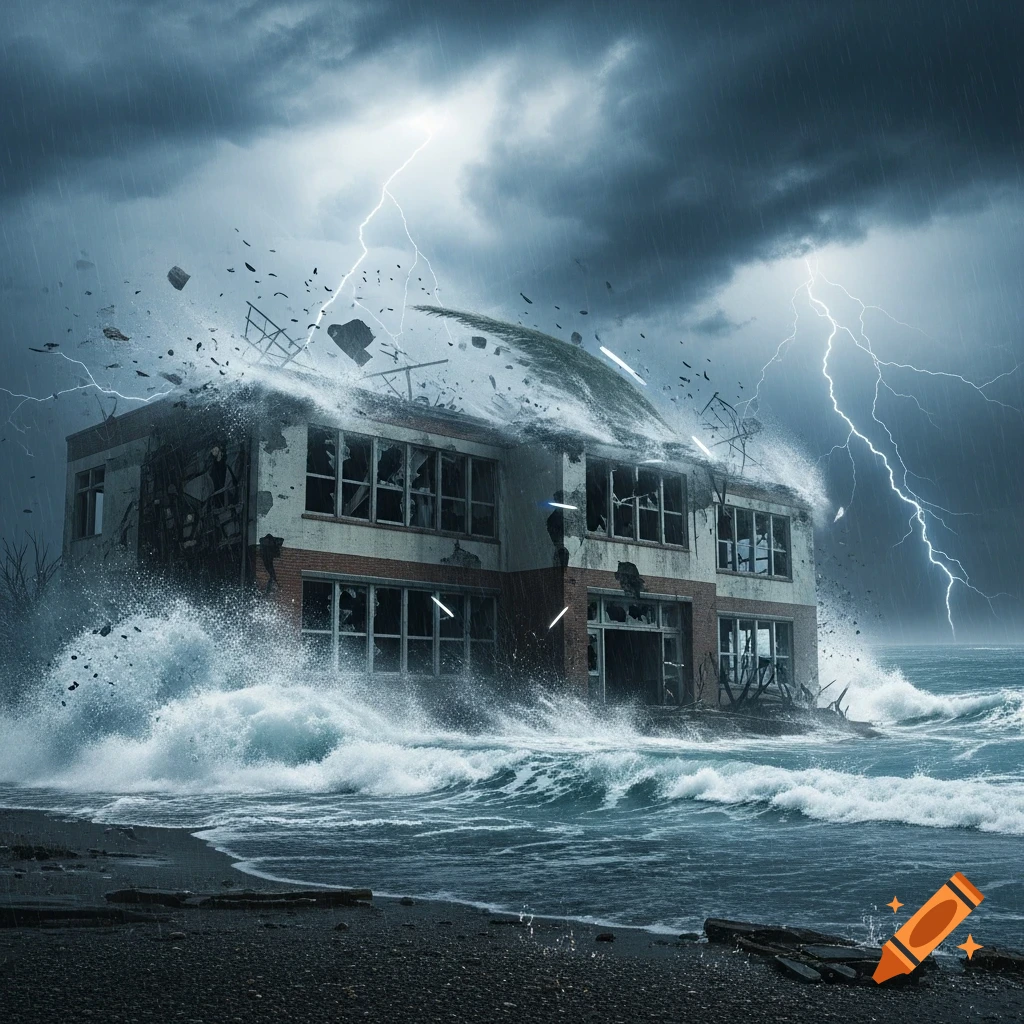 Photorealistic image of a school building being destroyed by a hurricane with large waves and lightning.