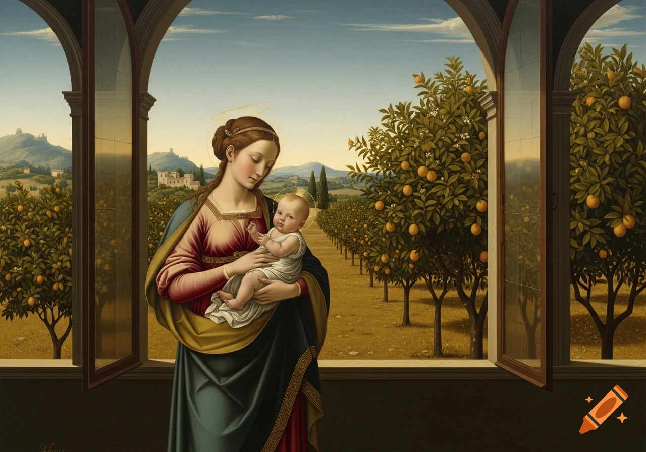 Renaissance painting of a woman holding a baby, looking out a window at an Italian countryside orange grove.
