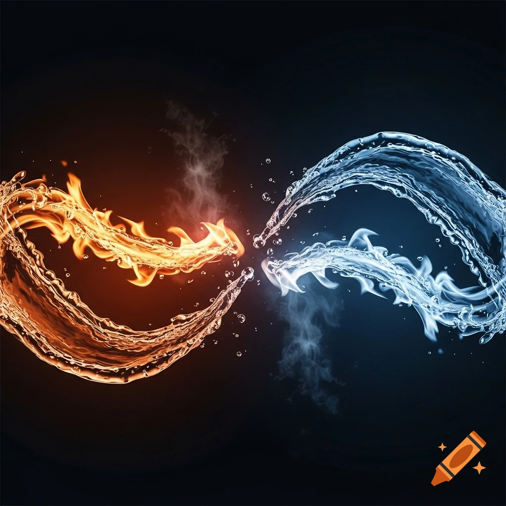 Dynamic abstract art of swirling orange fire and blue water streams intertwining against a dark background.