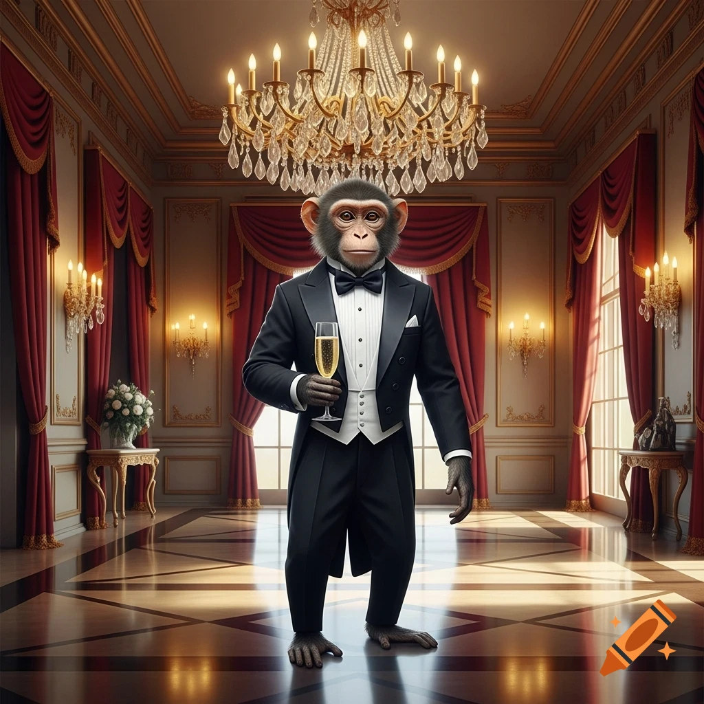 Photorealistic monkey in a black tuxedo holding a champagne flute, standing in a grand ballroom with a chandelier and red curtains.