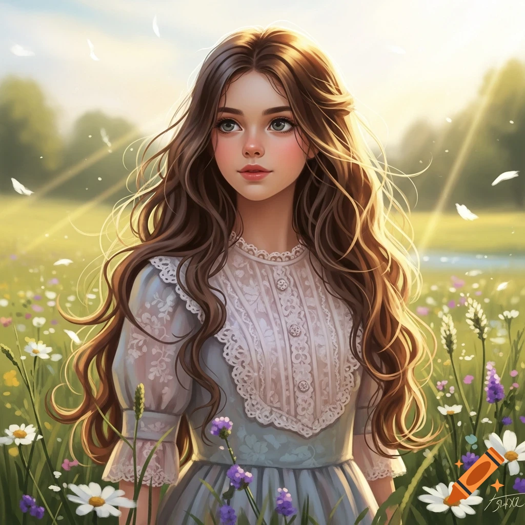 Illustrative portrait of a young woman with long brown hair in a white ...