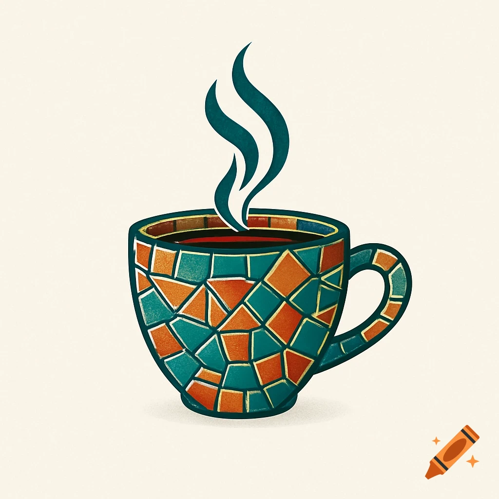 Illustration of a steaming coffee cup with a teal and orange geometric mosaic pattern.
