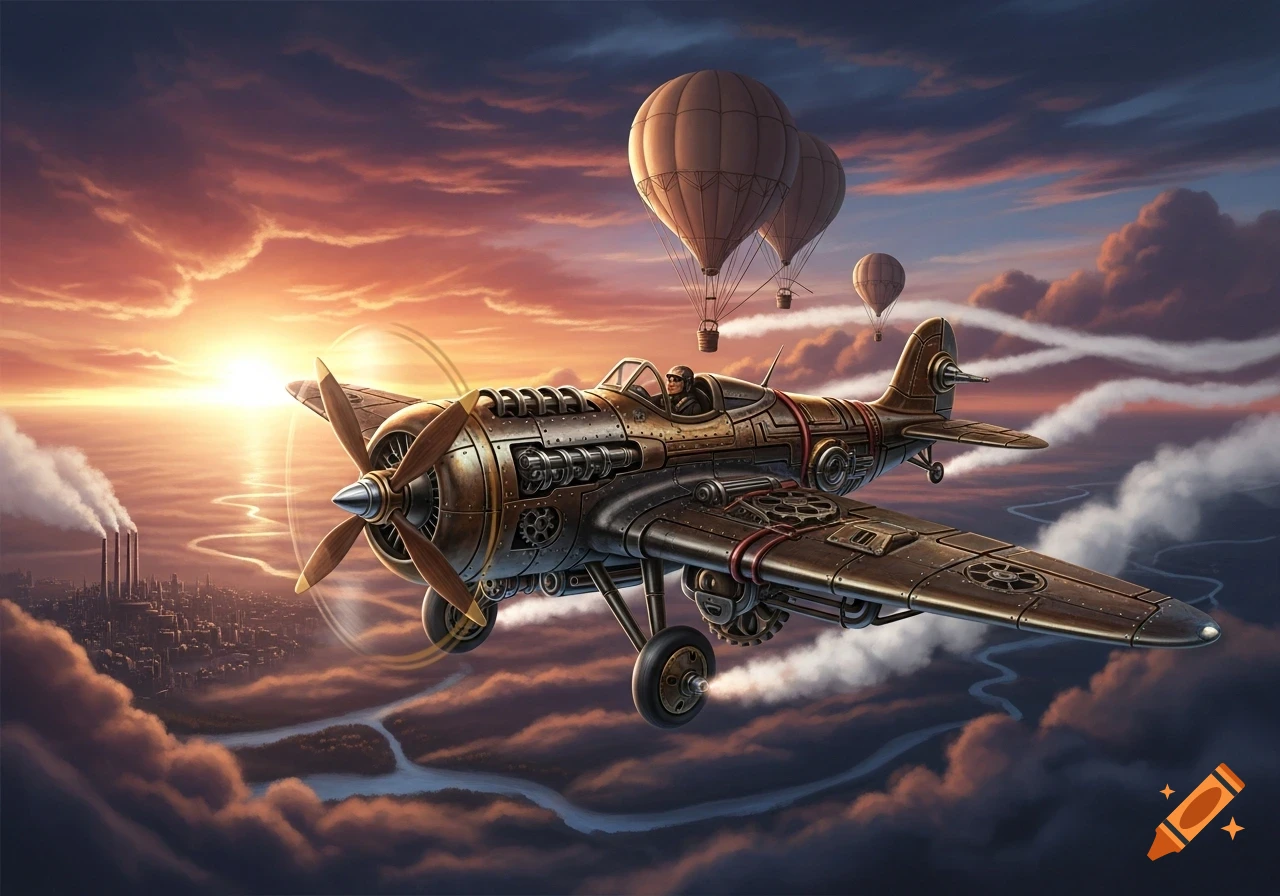 A detailed steampunk airplane with a pilot flies through clouds at sunset, with hot air balloons and a distant city below.