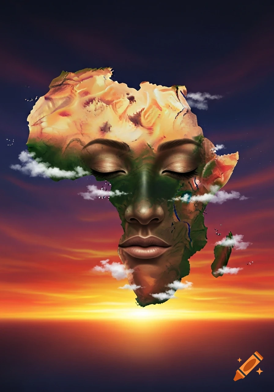 A stylized image of the African continent with a serene human face embedded, set against a vibrant sunset sky.