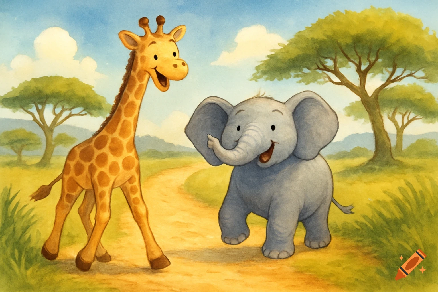 A smiling cartoon giraffe and elephant walk together on a dirt path with trees and a blue sky in the background, in a watercolor style.