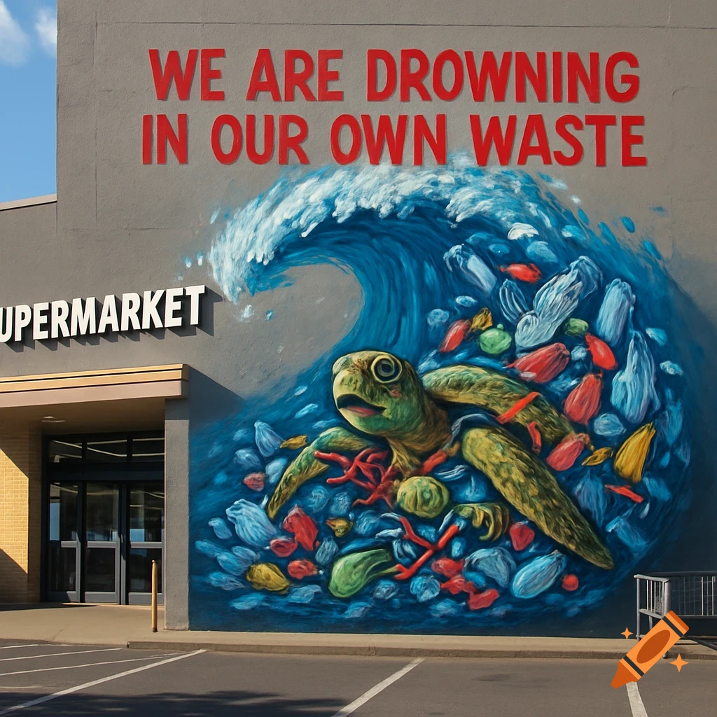 A vibrant mural on a gray supermarket wall depicts a sea turtle struggling in a giant wave of plastic waste. Red text above reads "WE ARE DROWNING IN OUR OWN WASTE".