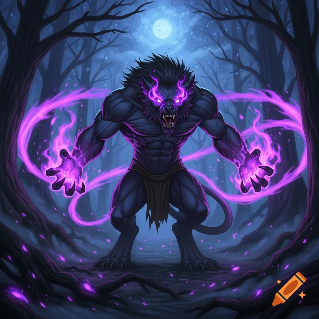 A muscular dark blue werewolf with glowing purple eyes and purple energy emanating from its hands stands in a dark forest under a full moon.