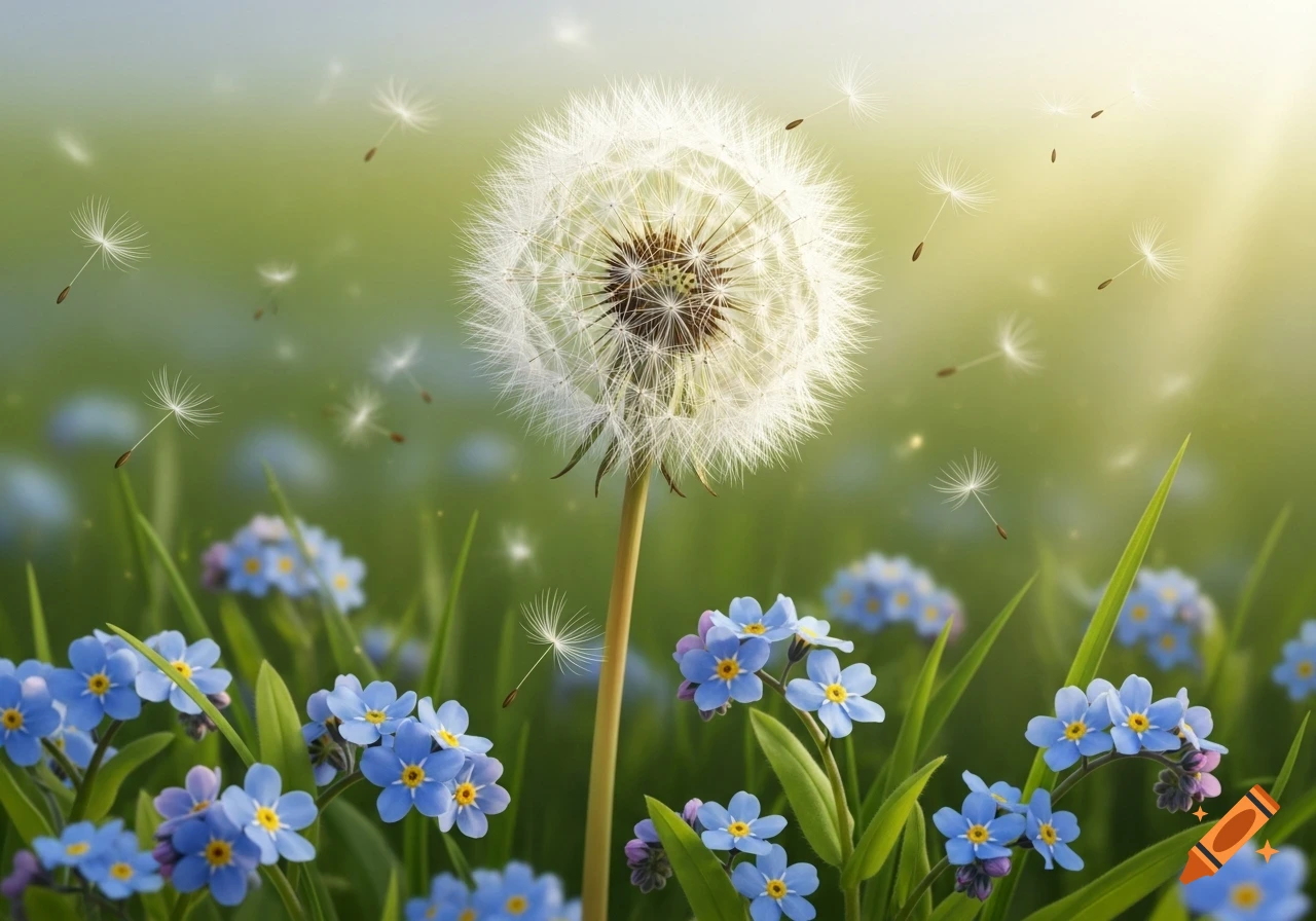 A large dandelion puff with seeds drifting in the wind, surrounded by vibrant blue forget-me-not flowers in a sunny green field.