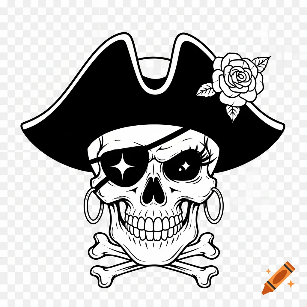 Black and white cartoon illustration of a pirate skull wearing a tricorn hat with a rose, an eyepatch, and a hoop earring, with crossbones below.