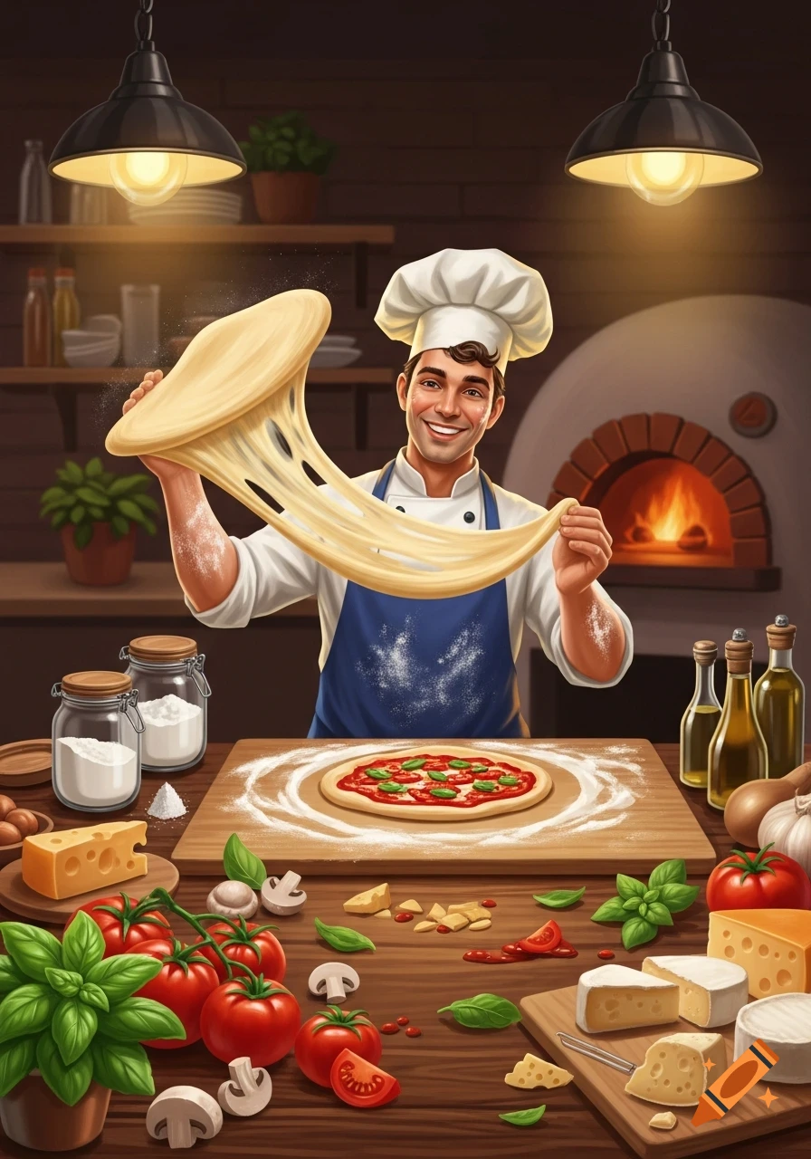 A smiling male chef stretches pizza dough in a rustic kitchen, surrounded by fresh ingredients and a wood-fired oven.
