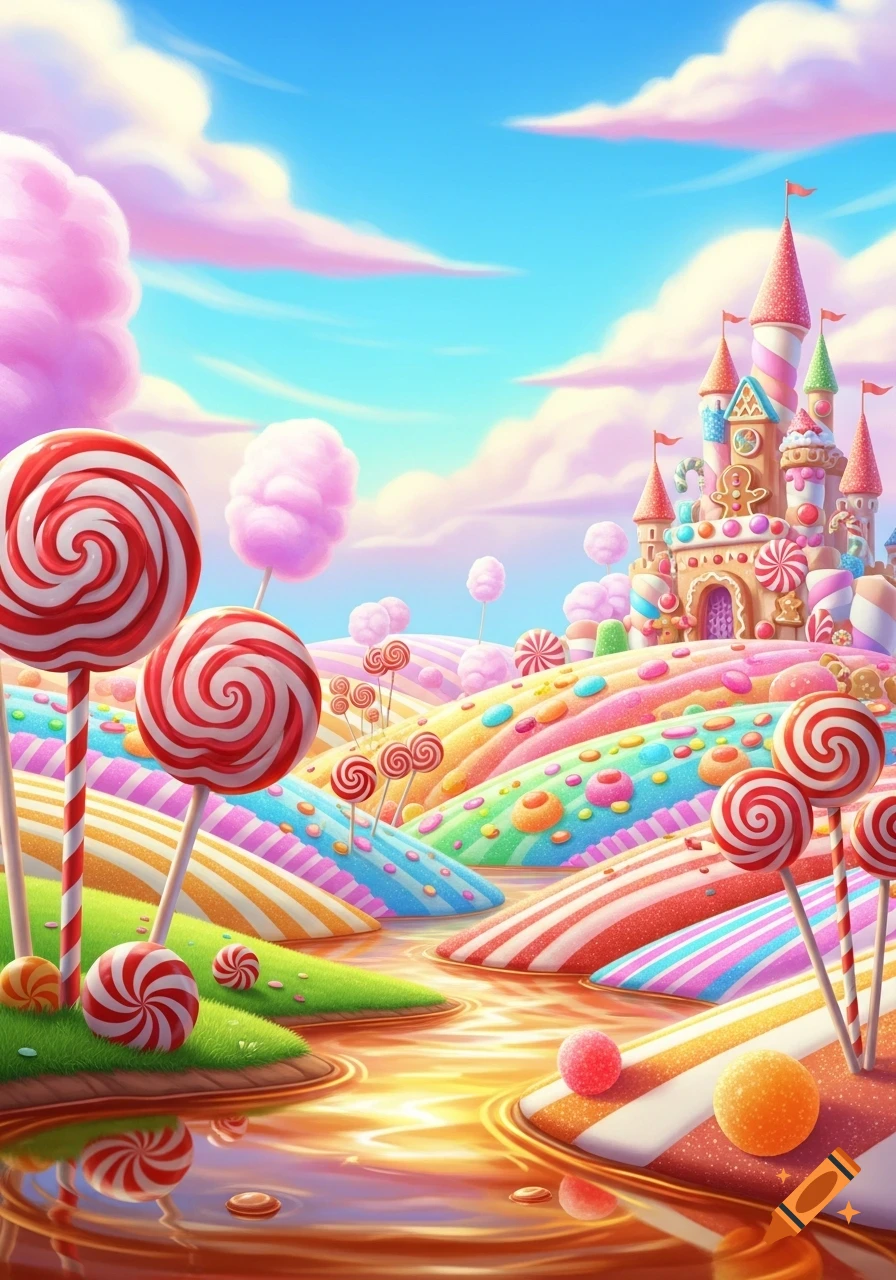 A vibrant, colorful candy land landscape featuring a large candy castle, lollipop trees, candy hills, and a shimmering caramel river under a blue sky with pink clouds.