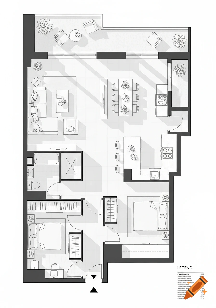 Detailed overhead architectural floor plan drawing of a multi-room apartment with furniture and a balcony.