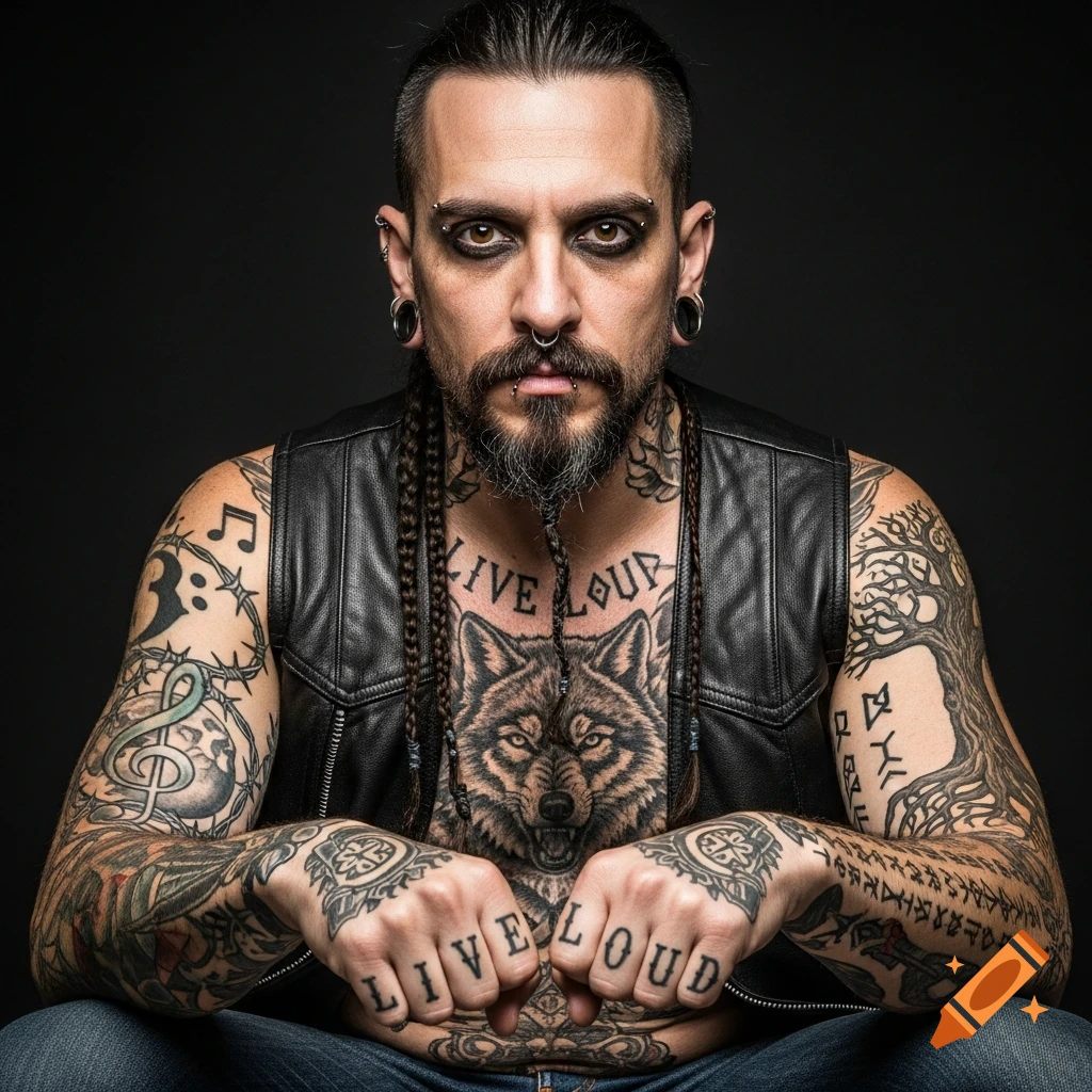 Photorealistic portrait of a heavily tattooed and pierced man with a beard and dark eye makeup, wearing a black leather vest, looking intensely at the viewer.