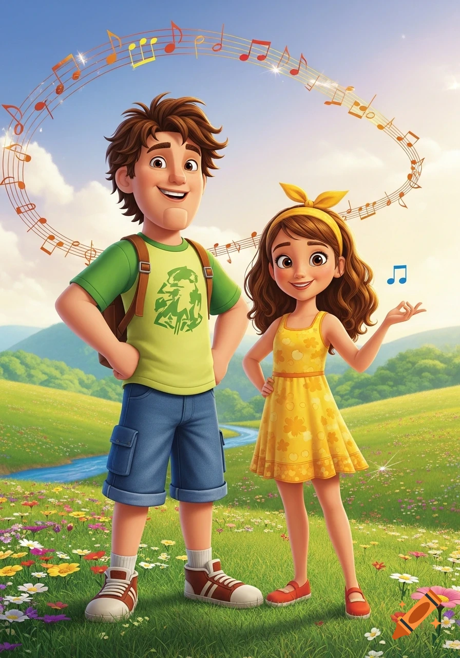Cartoon boy and girl with musical notes floating around them in a bright, flowery meadow.